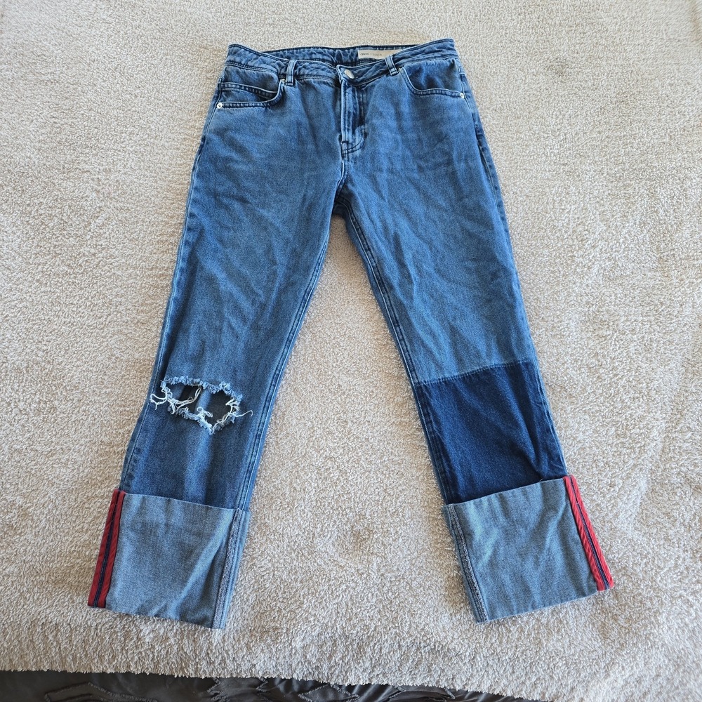 ASOS Deep Turn Up Denim Jeans W/ Bound Selvage Stripe Size 28/32 Distressed Crop